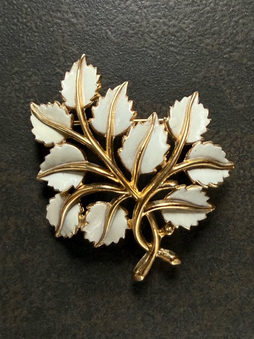 Crown Trifari White Enameled Holly Leaf Broach